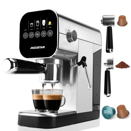 Aigostar Macchina Caffè Cialde, Compatibile con Cialde & Caffè Macinato, 0,9L, 1350W, 20 Bar, Schermo LCD Touch, Con Montalatte Elettrico Incorporato, Acciaio Inox, Macchinetta Caffe per Casa Ufficio - Design e materiali