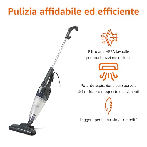 Amazon Basics Scopa Elettrica con Filo, Multifunzione 2-in-1, Motore ECO, Filtro HEPA, Ultra Leggera, Nero - Funzionalità e accessori