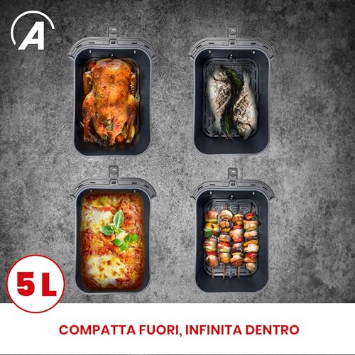 ARDES - ARFRYA10L Friggitrice Ad Aria FRIGGISANA INFINITY 5L - Friggitrice Ad Aria Slim Cavità XL Capacità 5 Litri Super Profonda - AirFryer con Display Digitale Touch e Timer 60' - Funzionalità e accessori