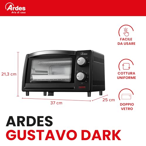 Ardes Gustavo Dark AR6211B - Fornetto Elettrico 10 litri - Forno elettrico con temperatura regolabile 100-230°C, timer 60' con spegnimento automatico, Doppio Vetro, Leccarda e Griglia Incluse - Prova pratica