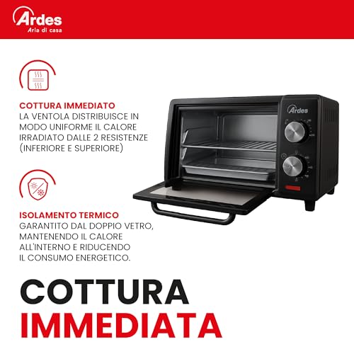 Ardes Gustavo Dark AR6211B - Fornetto Elettrico 10 litri - Forno elettrico con temperatura regolabile 100-230°C, timer 60' con spegnimento automatico, Doppio Vetro, Leccarda e Griglia Incluse - Funzionalità e accessori