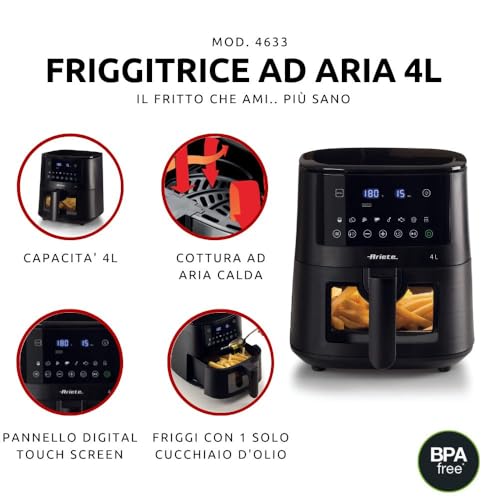Ariete 4633 Friggitrice ad aria 4L, 1400W, Capacità 4L, 9 programmi, Funzione Shake e Grill, Temperatura fino a 200°C, Nero - Funzionalità e accessori