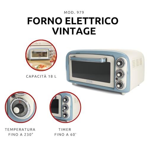 Ariete 979 Forno Elettrico di Design 18 Litri - Ideale per pizza da 30 cm - Doppio vetro - 1380 Watt - Acciaio Inox - Linea Vintage - Celeste - Prova pratica