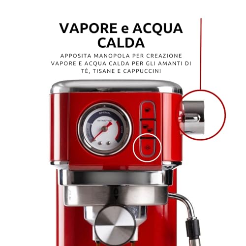 Ariete Espresso Slim Metal 1381, Macchina da Caffè con Manometro, Compatibile con Caffè in Polvere e Cialde ESE, 15 Bar Massime, Filtro 1 o 2 Tazze, Lancia per Cappuccino, 1300W, Rosso - Funzionalità e accessori