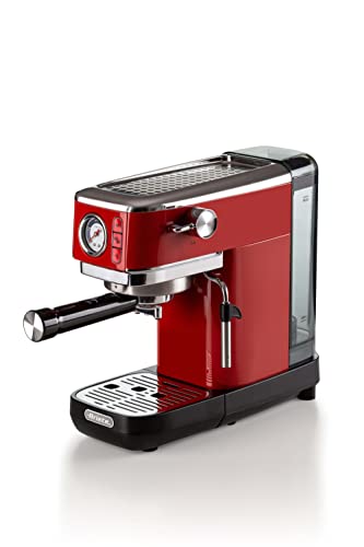 Ariete Espresso Slim Metal 1381, Macchina da Caffè con Manometro, Compatibile con Caffè in Polvere e Cialde ESE, 15 Bar Massime, Filtro 1 o 2 Tazze, Lancia per Cappuccino, 1300W, Rosso - Design e materiali
