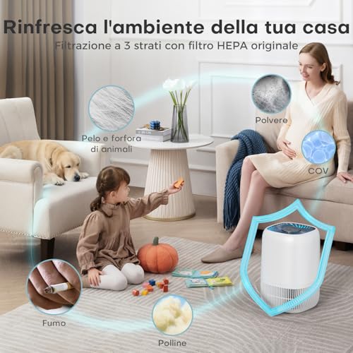 AROEVE Purificatore d'Aria con Filtro HEPA H13 a 3 Stadi, Risparmio Energetico 5W & Silenzioso 22 dB, Rimuove Polline Fumo Peli di Animali, Funzione Diffusione Aromi, per Stanze fino a 20㎡ - Funzionalità e accessori