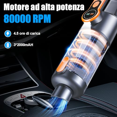 Aspirapolvere Senza Fili, 26000Pa Aspirapolvere Auto Potente, Scarico Polvere One-touch, Motore Brushless, Aspirapolvere Portatile Multifunzione 4 in 1, con display HD e Illuminazione, Arancione - Prova pratica