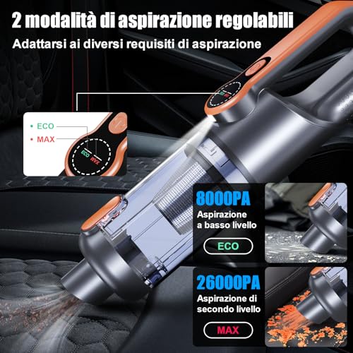Aspirapolvere Senza Fili, 26000Pa Aspirapolvere Auto Potente, Scarico Polvere One-touch, Motore Brushless, Aspirapolvere Portatile Multifunzione 4 in 1, con display HD e Illuminazione, Arancione - Dettaglio recensione 4