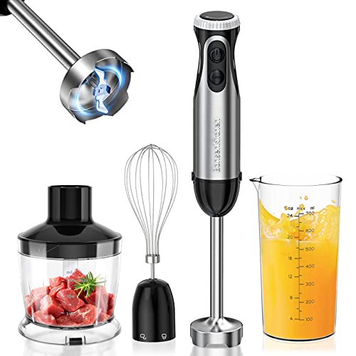 Bonsenkitchen Frullatore a Immersione Multifunzione 4 in 1, Minipimer in Acciaio Inox, 1000 W, 20 Velocità Regolabili, con Frusta, Tritatutto da 500 ml e Misurino da 700 ml, HB3203 - Design e materiali