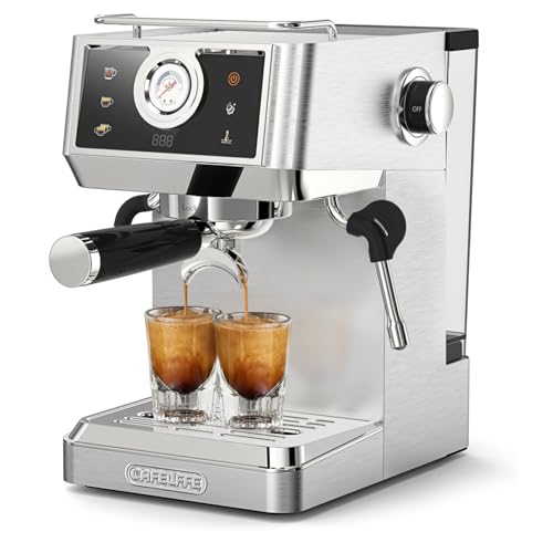 CAFELFFE MK-902 - Macchina da caffè espresso 20 bar, 58 mm, completamente in acciaio inox, potente montalatte per latte/cappuccino, caffè caldo e freddo, serbatoio da 1,5 l e 1350 W - Design e materiali