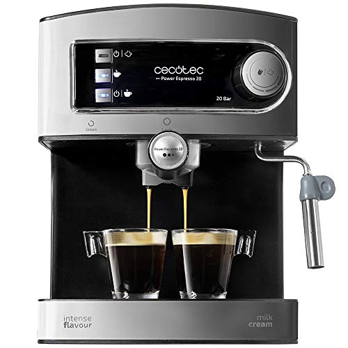 Cecotec Macchina da caffè Power Espresso 20. Capàcità 1,5 L, 20 bar, doppia uscita, vaporizzatore, acciaio inossidabile, scaldatazze, 850 W - Design e materiali