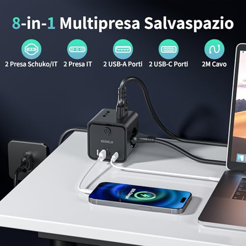 Ciabatta Elettrica Multipresa con 4 Prese Universali 10/16A ITA e Schuko, 2 M Prolunga Elettrica con 2 USB A+2 USB C,Presa Multipla Spina Piatta Salvaspazio con Interruttori per Casa, Ufficio Nero - Prova pratica