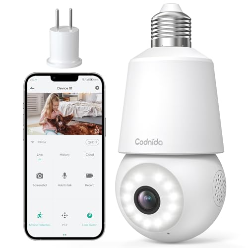 Codnida 2K Telecamera Lampadina WiFi Esterno per E27 Portalampada, PTZ Videocamera di Sorveglianza con Allarme Sonoro e Luminoso, Tracciamento del Movimento, visione notturna a colori, LC323 - Design e materiali