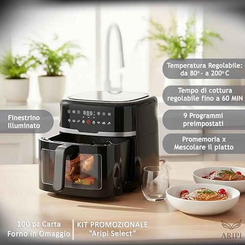 Friggitrice ad Aria 8 Litri XXL Digitale 1800 Watt Adler AD6318 – Airfryer 4 in 1 per 3-5 Persone, con 9 Programmi, Cestello Antiaderente, Display Touch + 100 Pz Carta Forno Omaggio (Nera, 8 Litri) - Funzionalità e accessori
