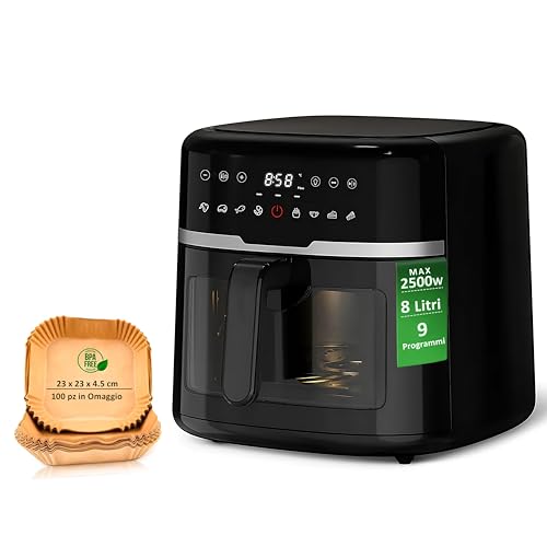 Friggitrice ad Aria 8 Litri XXL Digitale 1800 Watt Adler AD6318 – Airfryer 4 in 1 per 3-5 Persone, con 9 Programmi, Cestello Antiaderente, Display Touch + 100 Pz Carta Forno Omaggio (Nera, 8 Litri) - Design e materiali