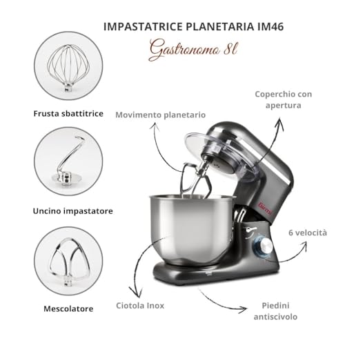 Girmi IM46 Impastatrice Planetaria, 1800 W Max, 8 Litri, 6 Velocità, Pulse, Contenitore inox, Dispositivo di sicurezza, Accessori inclusi, Grigio Antracite - Prova pratica