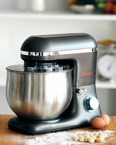 Girmi IM46 Impastatrice Planetaria, 1800 W Max, 8 Litri, 6 Velocità, Pulse, Contenitore inox, Dispositivo di sicurezza, Accessori inclusi, Grigio Antracite - Funzionalità e accessori