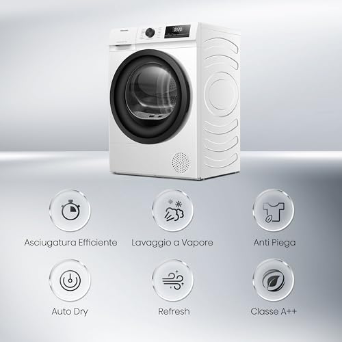 Hisense DHQE800BW2 Asciugatrice A Pompa Di Calore, 8 Kg, Classe D, Oblò Nero, Big Display, 16 programmi, Refresh - Funzionalità e accessori