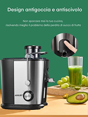 Juilist Centrifuga Frutta e Verdura, fino a 800W Estrattore Frutta e Verdura con 65MM Bocca Larga, 2 Velocità, Funzione Antigocciolamento, Base Anti-Scivolo, Facile Pulizia, Includi Spazzola 600W - Funzionalità e accessori
