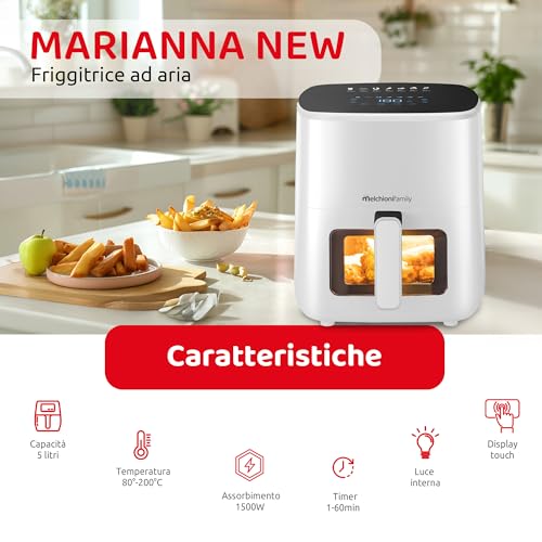 Melchioni Family | MARIANNA NEW Friggitrice ad Aria 5L Air Fryer Compatta con Contenitore Antiaderente, Display Touch, 7 Programmi, Timer 60 min, Temperatura 80°-200°C, 1500W - Prova pratica