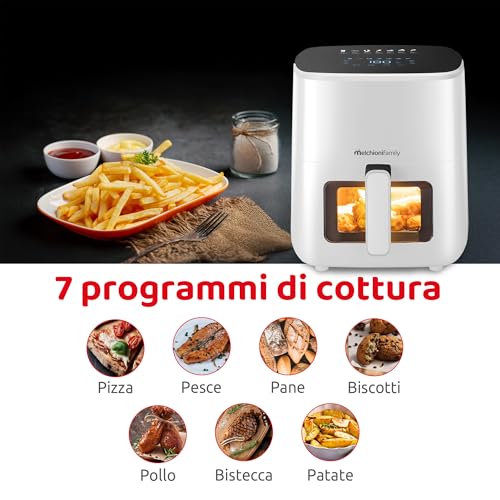 Melchioni Family | MARIANNA NEW Friggitrice ad Aria 5L Air Fryer Compatta con Contenitore Antiaderente, Display Touch, 7 Programmi, Timer 60 min, Temperatura 80°-200°C, 1500W - Funzionalità e accessori