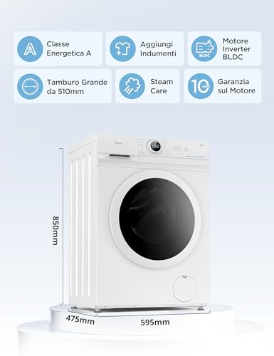 Midea MF10EW70B Lavatrice Slim Carica Frontale, 7 kg, 1400 Giri, Classe A, Vapore, Motore BLDC, Programma Rapido, Varie Temperature dell'Acqua, White - Funzionalità e accessori