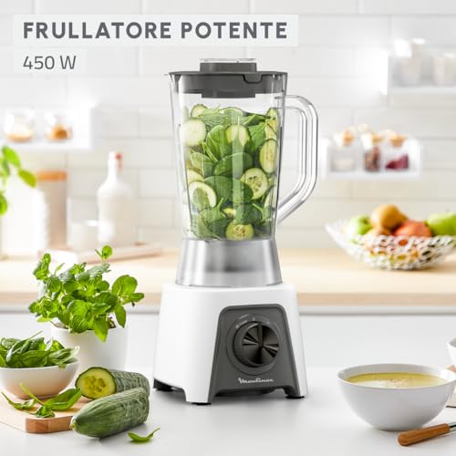 Moulinex Blendeo + Frullatore Elettrico, 450 W, 1.5 L, Tritatutto con 2 Velocità, Funzione Pulse e Tritaghiaccio, Blender Frullato, Etichetta Duraforce e Tappo Dosatore, Bianco, LM2C01 - Funzionalità e accessori