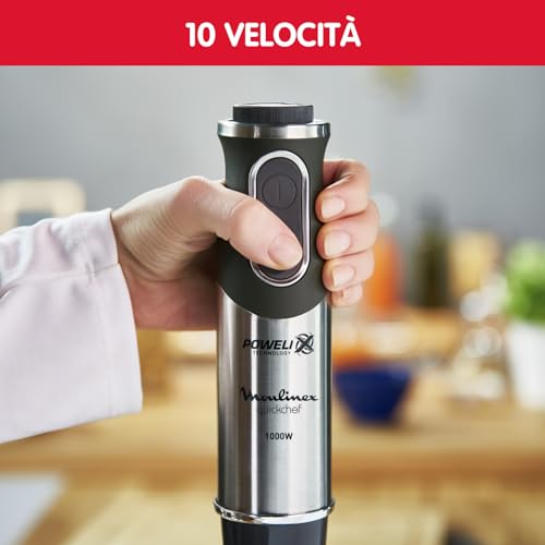 Moulinex DD6558 Quickchef 3in1 Frullatore a Immersione, 1000 W, Mixer con Tecnologia Powelix e 10 Velocità, 3 Accessori, Bicchiere 800 ml, Tritatutto 500 ml e Frusta, Lame in Acciaio Inossidabile - Funzionalità e accessori