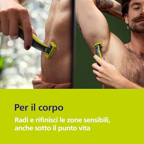 Philips OneBlade QP2834/31 - Regolabarba elettrico 360 autentico, per viso e corpo, 3 lame da 360, 4 pettini per barba (1, 2, 3, 5 mm), 1 kit per il corpo - Funzionalità e accessori