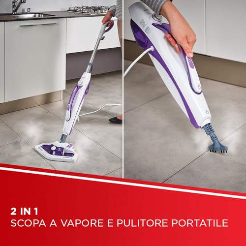 Polti Vaporetto SV440 Double, Scopa a Vapore 2 in 1 con Pulitore Portatile, Potenza Max 1500 W, 11 Accessori Inclusi, Riscaldamento in 15 Secondi, Serbatoio Estraibile, Bianco e Viola - Prova pratica