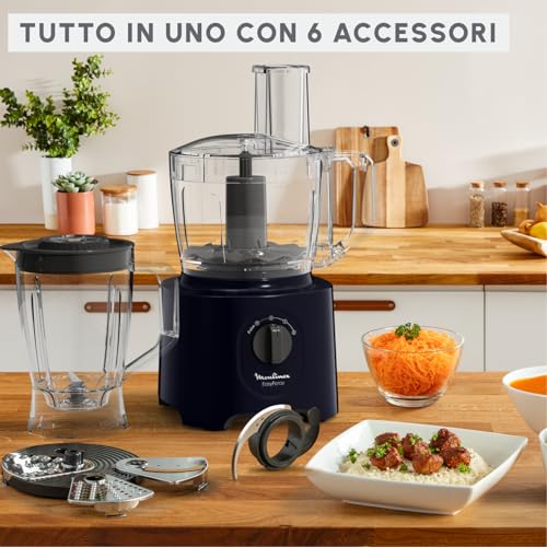 Robot da cucina multifunzione Moulinex Easy Force, 800 W, 25 funzioni, 2 velocità + Pulse, 6 accessori di cui 1 frullatore incluso, Compact FP247810, Blu notte - Prova pratica