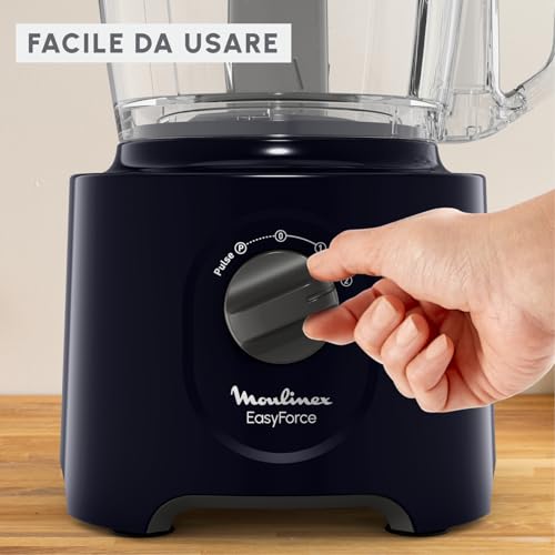 Robot da cucina multifunzione Moulinex Easy Force, 800 W, 25 funzioni, 2 velocità + Pulse, 6 accessori di cui 1 frullatore incluso, Compact FP247810, Blu notte - Funzionalità e accessori