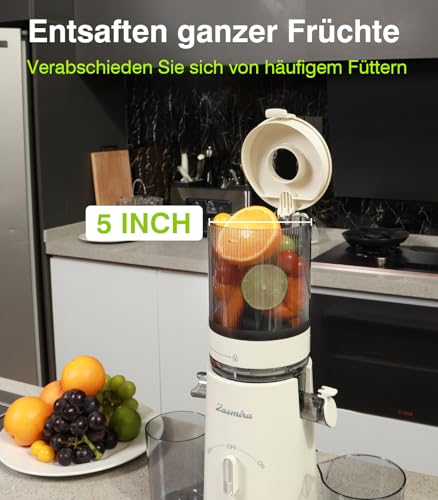 Slow Juicer, Zasmira Spremiagrumi più recente per verdure e frutta con orifizio di carico largo 120 mm, Alte rese di succo per verdure e frutta intere, Facile da pulire - Prova pratica