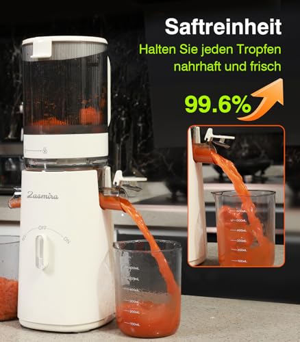 Slow Juicer, Zasmira Spremiagrumi più recente per verdure e frutta con orifizio di carico largo 120 mm, Alte rese di succo per verdure e frutta intere, Facile da pulire - Funzionalità e accessori