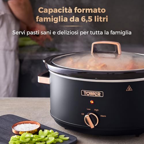 Tower T16043BLK Slow Cooker Cavaletto da 6,5 Litri con 3 Impostazioni di Calore, Manici Cool Touch, Elettrodomestici Cucina, Nero e Oro Rosa - Funzionalità e accessori