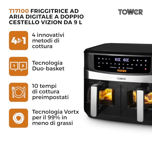 Tower, T17100, Vortx Vizion 9L Friggitrice ad Aria Doppio Cestello con Pannello di Controllo Digitale e 10 Preimpostazioni One-Touch, Elettrodomestici Cucina, Nero - Prova pratica