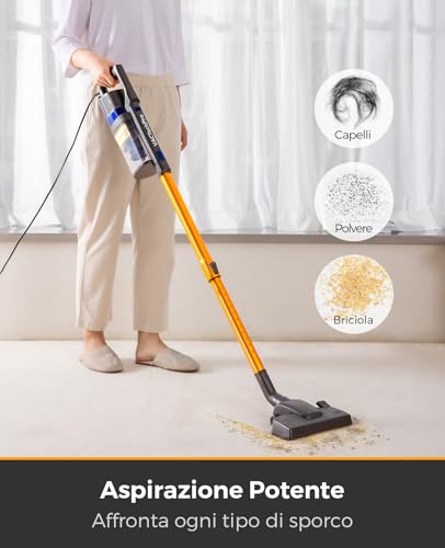 VACTechPro 60KPa/600W/7M Aspirapolvere con Filo, Aspirapolvere con 800ml Pattumiera, Scopa Elettrica con Filo con Design a Doppia Maniglia, Scopa Elettrica con Filo Potente per Pavimenti, Arancione - Prova pratica