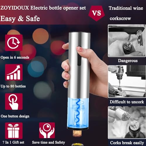 ZOYIDOUX Set regalo Cavatappi elettrici ricaricabile 7 in 1 inox,Apribottiglie elettrici con base,Versatore,Tappo in silicone per vuoto,Tagliapasta stagnola,Tappo per vino,Regalo amanti del vino - Prova pratica